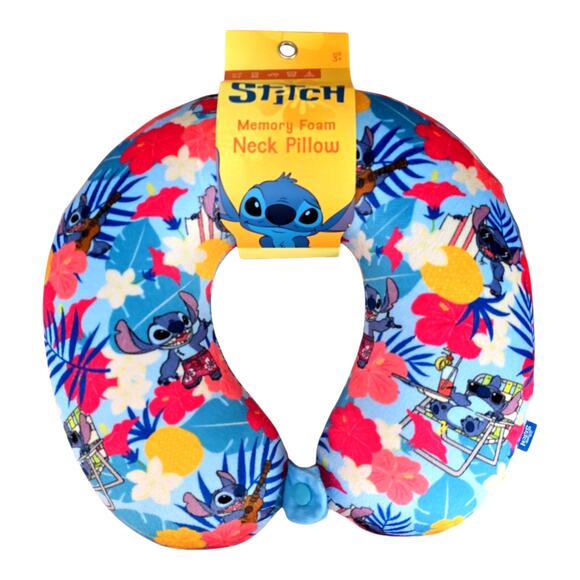 Disney Stitch Memory Foam Travel Neck Pillow Blue Floral U-Shaped Car Airplane - Picture 2 of 7